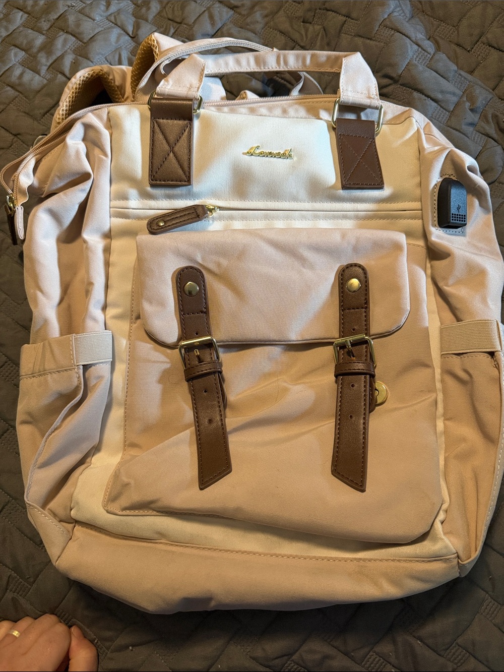Cream Backpack with Brown Accents